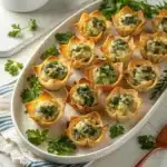A top-down platter of the best spinach artichoke wonton cups, showing the crispy golden wrappers and bubbly dip filling.