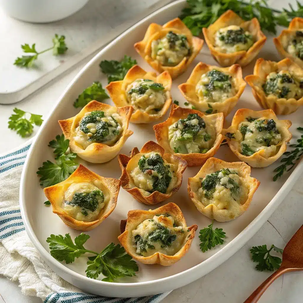 A top-down platter of the best spinach artichoke wonton cups, showing the crispy golden wrappers and bubbly dip filling.