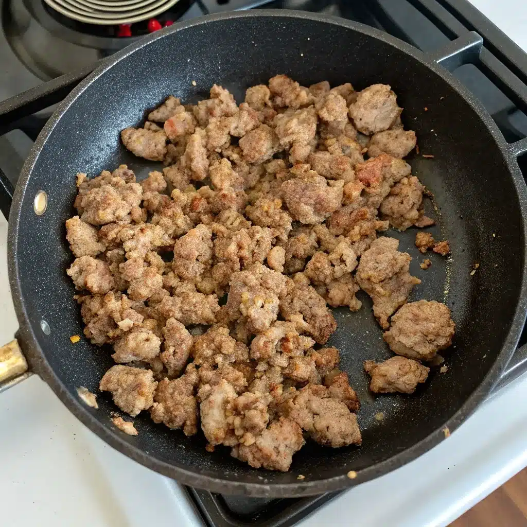 A top-down shot of a skillet filled with cooked, crumbled ground turkey sausage for the mcgriddle bites.