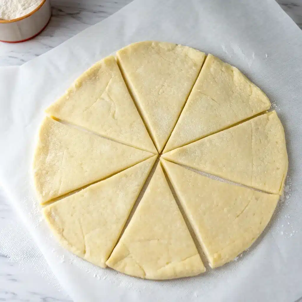 A top-down shot of a round puff pastry sheet, showing the 4 cuts in the center used to create the 'star' flaps for the wreath.