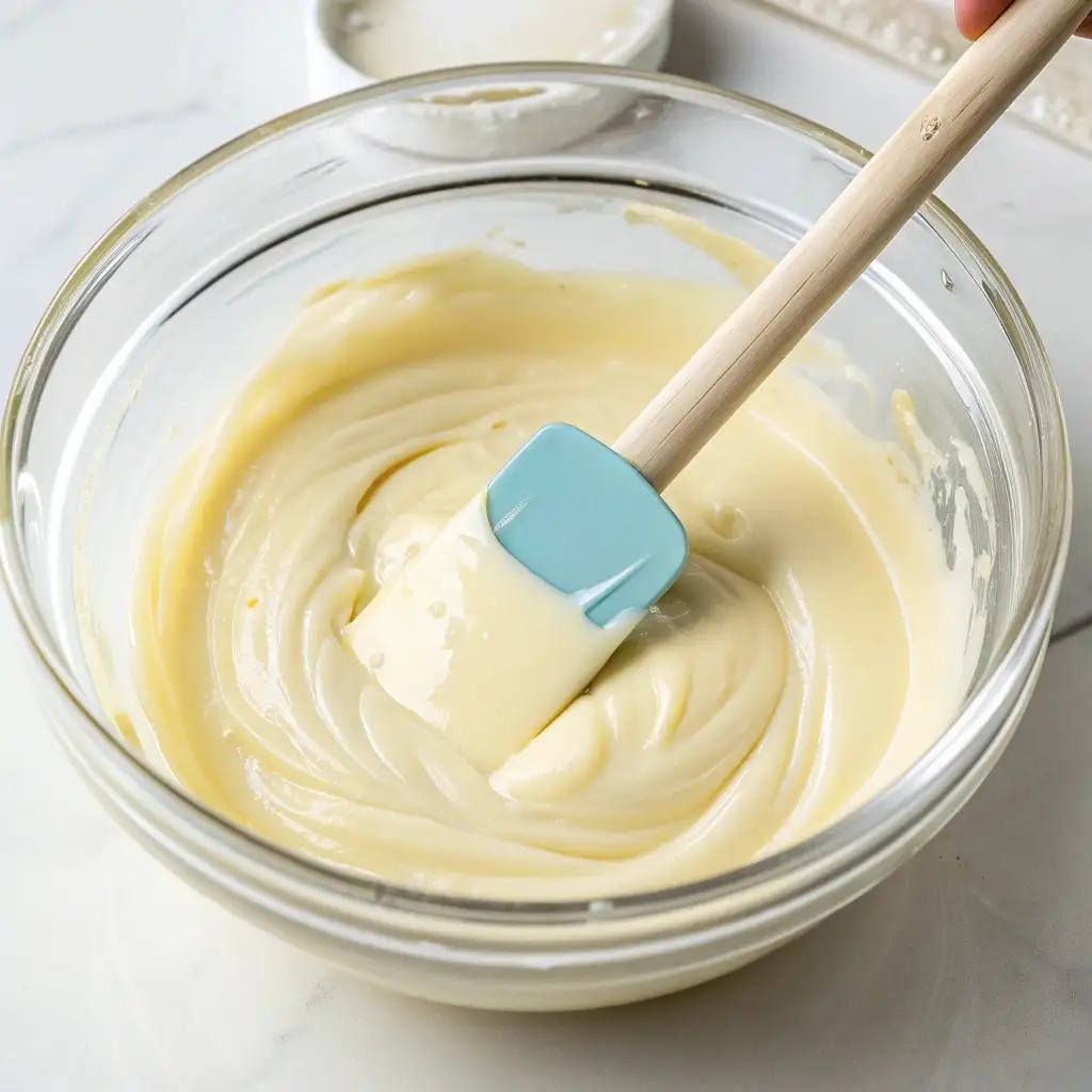 A glass bowl of perfectly smooth, melted white chocolate, ready for coating the cereal.