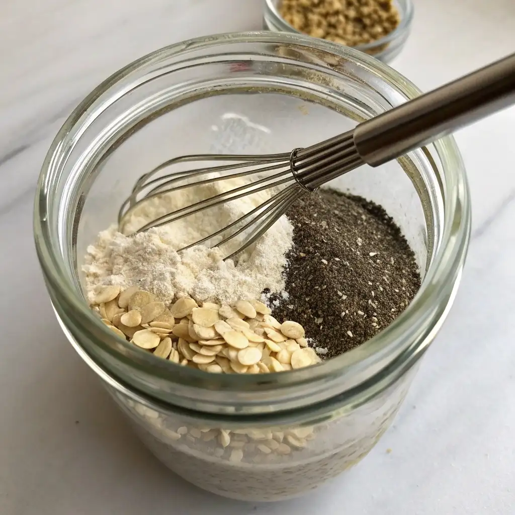 A top-down shot of a jar with dry ingredients (oats, protein powder, chia seeds) whisked together to prevent clumping.