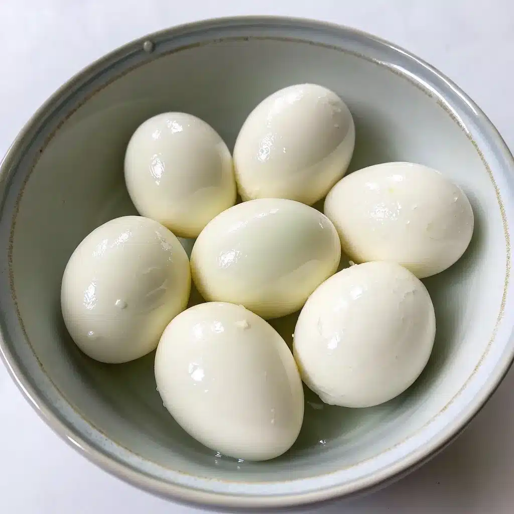 A bowl of 6 perfectly peeled hard-boiled eggs, smooth and white, ready to be sliced for the deviled egg recipe.