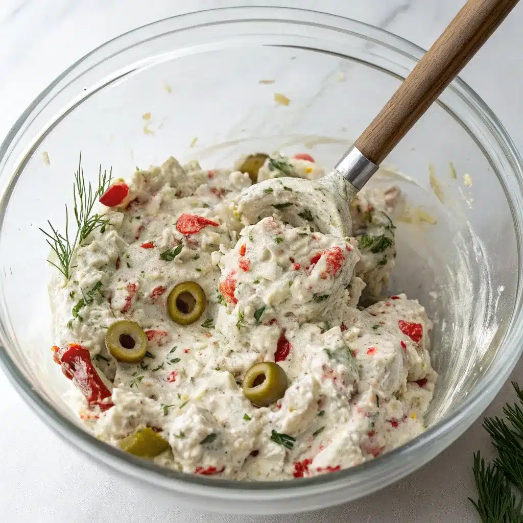 A glass bowl of the finished, mixed cream cheese filling, showing the red and green specks of peppers and olives.