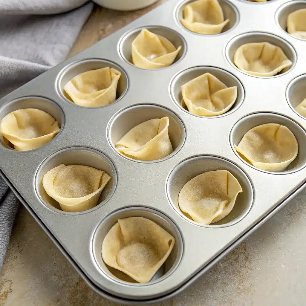 A top-down shot of a 12-cup muffin pan filled with empty, pre-baked golden wonton wrappers, ready for filling.