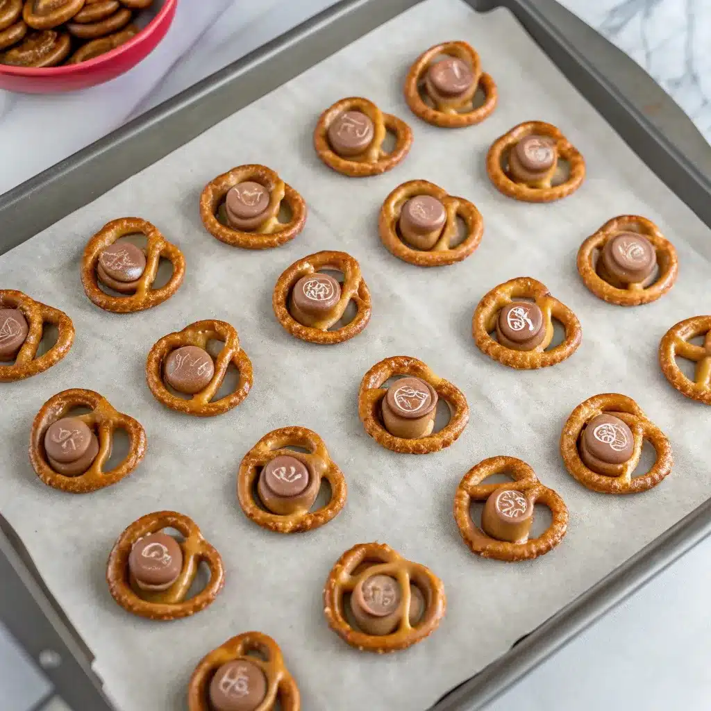 A top-down shot of a baking sheet with mini pretzels, each topped with an unwrapped Rolo candy, ready to be baked.