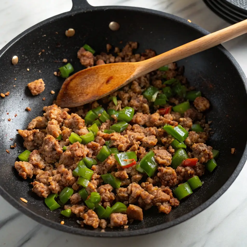 A skillet of cooked, browned ground sausage mixed with diced poblano peppers, the first step for the burrito filling.