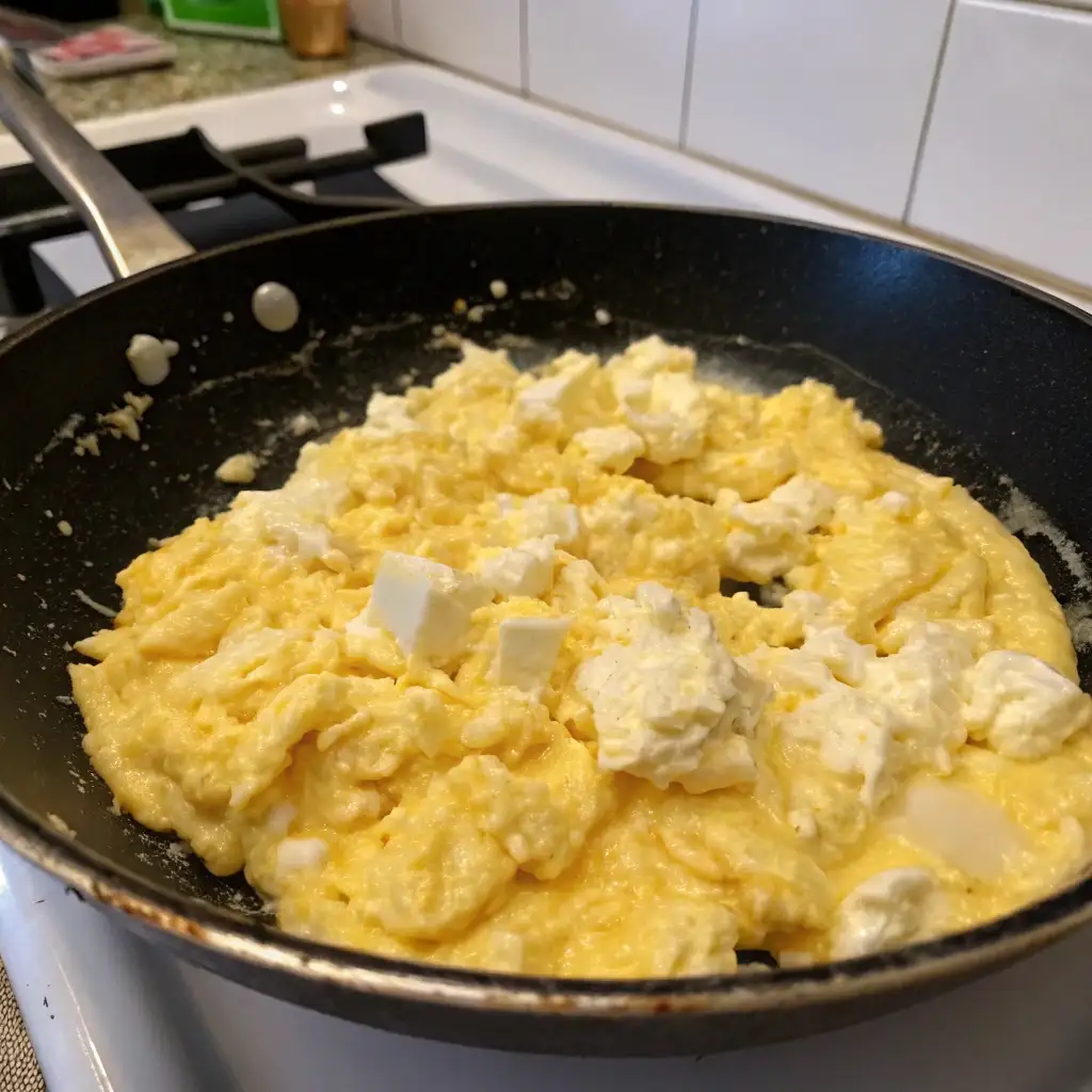 A skillet of soft, creamy scrambled eggs, with melted cream cheese, cooked on low heat.