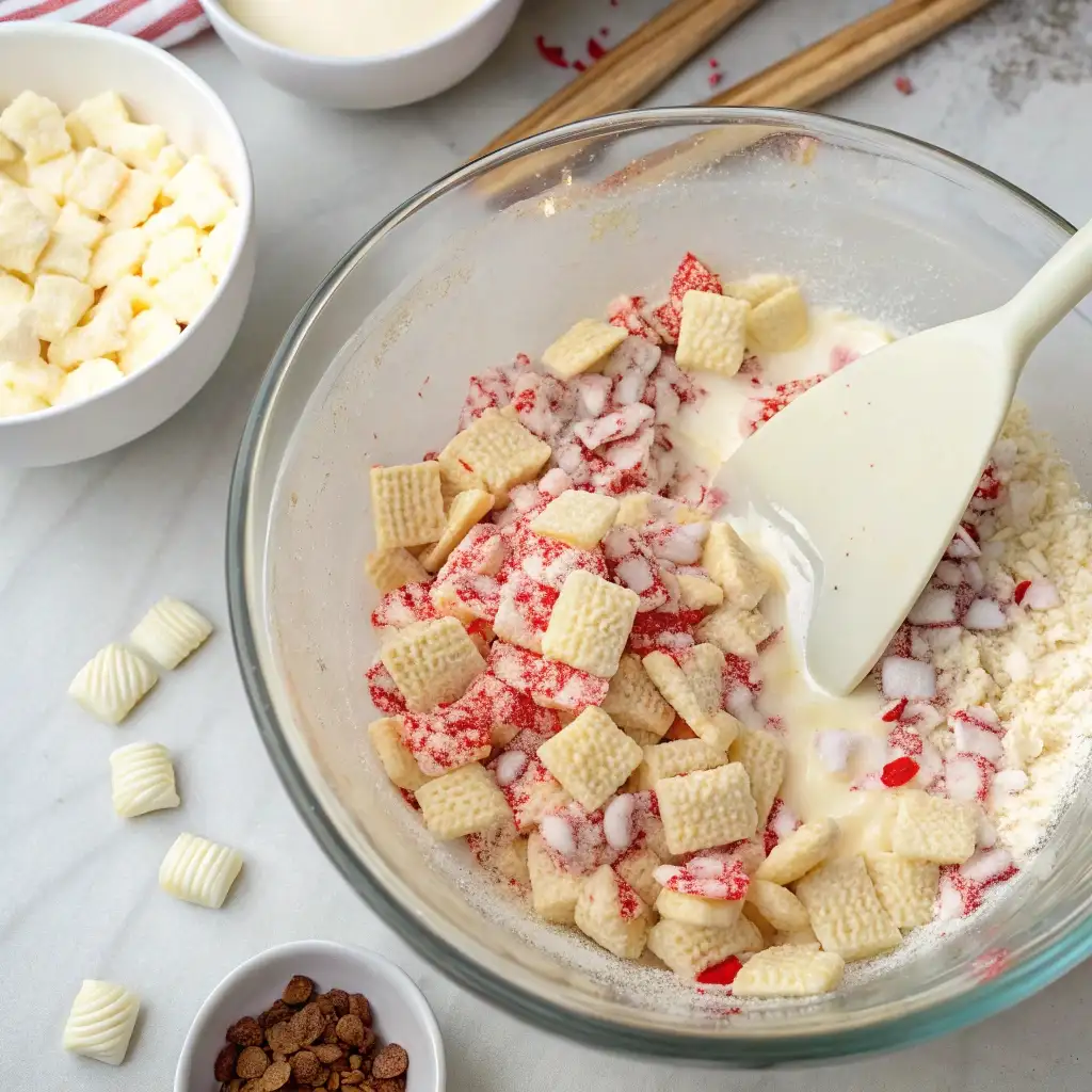A large bowl showing Chex cereal being gently folded into melted white chocolate and peppermint.