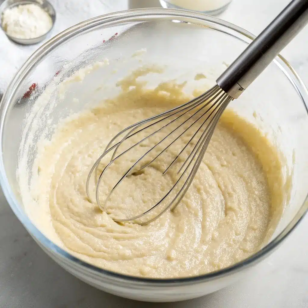 A large glass bowl with smooth, mixed protein pancake batter, ready for the mix-ins.