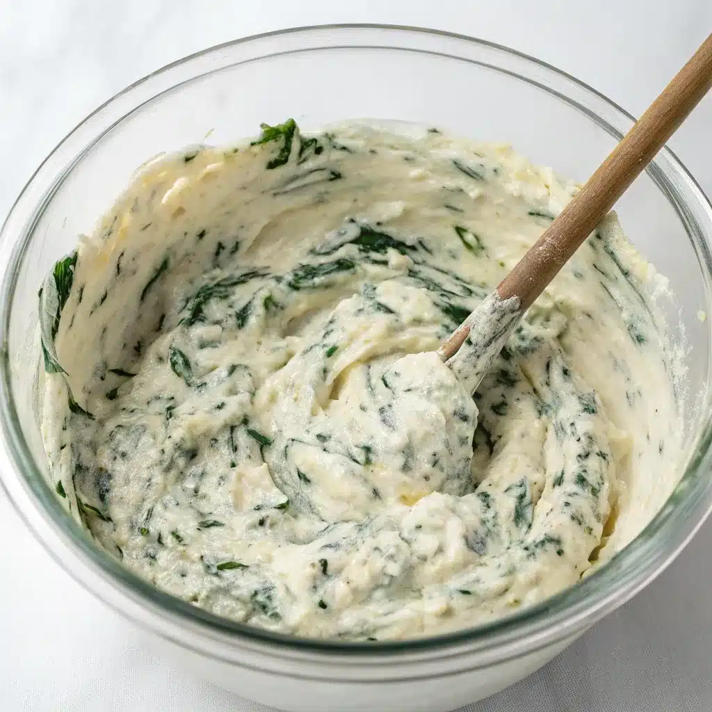 A glass bowl filled with the creamy, unbaked spinach artichoke dip, ready to be scooped into the wonton cups.