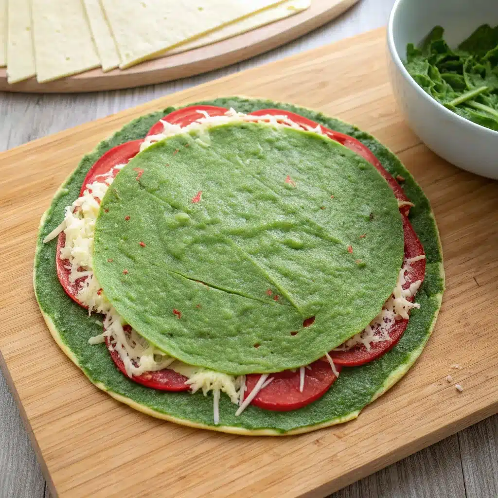 A top-down shot of a green spinach tortilla spread with a thin, even layer of the festive cream cheese filling.