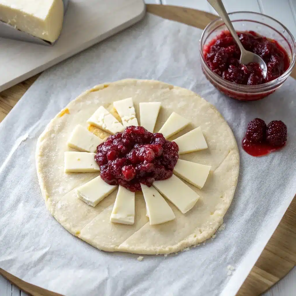 The puff pastry sheet with a ring of cranberry sauce and brie slices added around the center.
