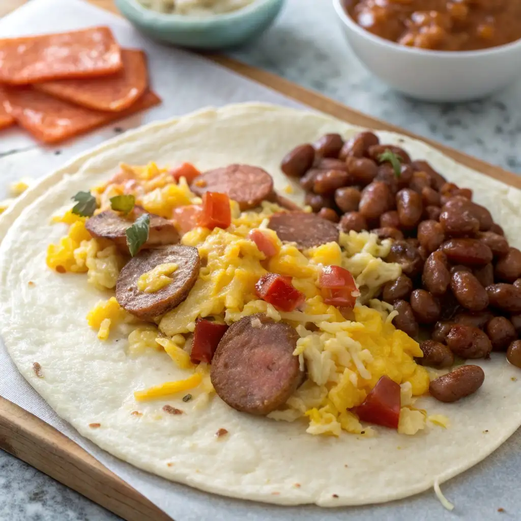 A top-down shot of an open tortilla, showing the layers of cheese, eggs, sausage, and beans before rolling.
