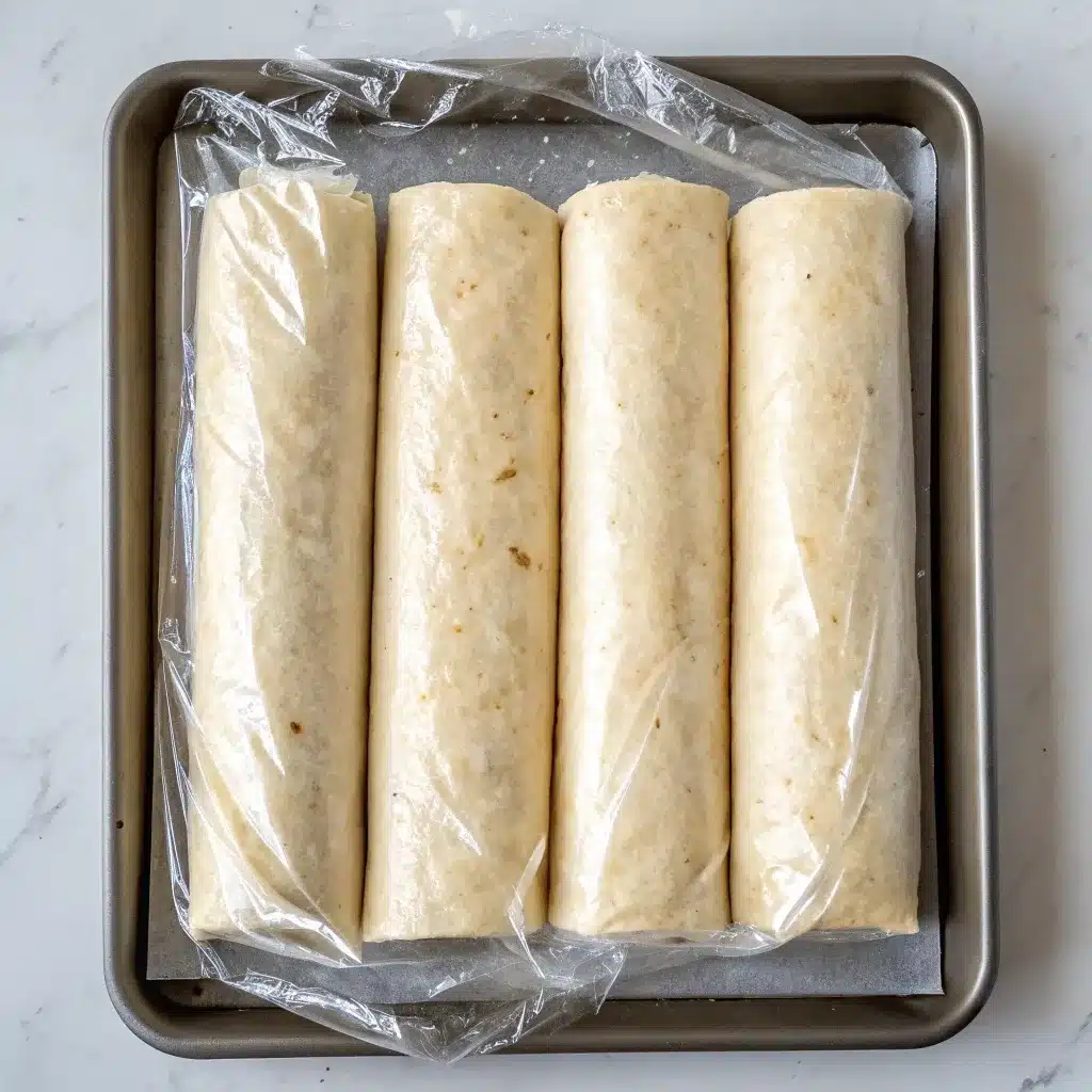 Four tortilla logs wrapped tightly in plastic wrap, chilling on a baking sheet to make them firm for slicing.