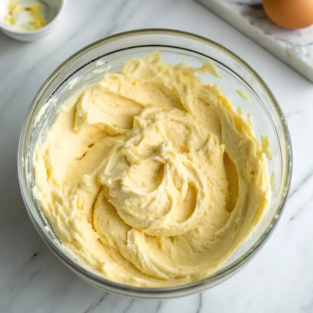 A top-down shot of the finished, creamy deviled egg filling in a glass bowl after being mixed until smooth.