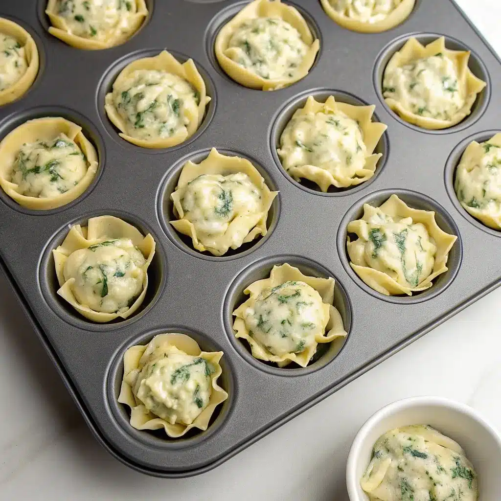 The 12-cup muffin pan with the pre-baked wonton cups filled with spinach artichoke dip, ready for the final bake.
