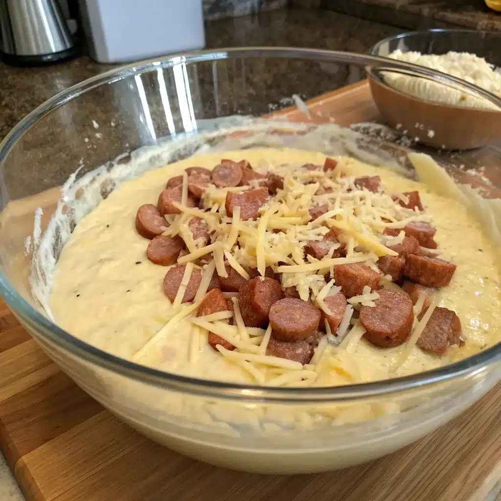 A large glass bowl of pancake batter, with cooked sausage and shredded cheese folded into it.