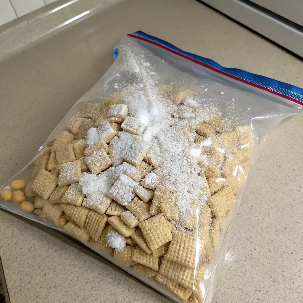 A large, sealed plastic bag filled with Chex cereal and powdered sugar, ready to be shaken.