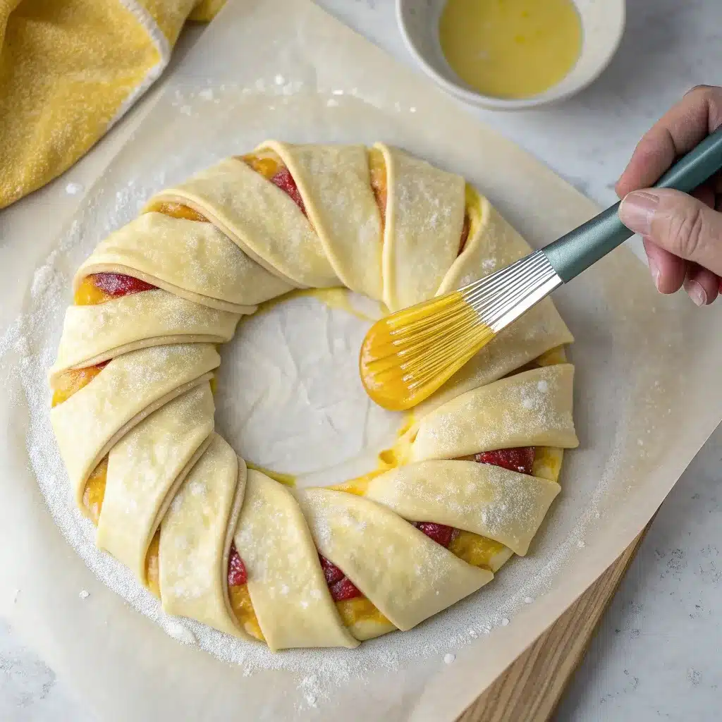 A top-down shot of the fully folded, unbaked cranberry brie wreath, brushed with egg wash and ready for the oven.