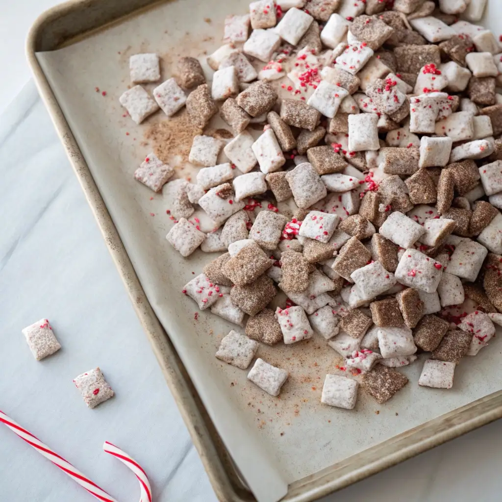 The finished Peppermint Puppy Chow spread in a single layer on a parchment-lined baking sheet to cool.