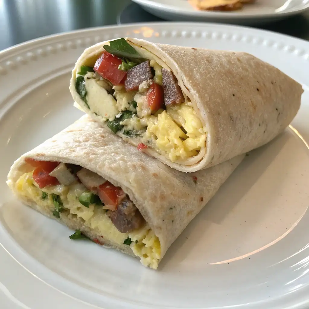 A single, perfectly rolled high protein breakfast burrito, seam-side down, ready to be wrapped.