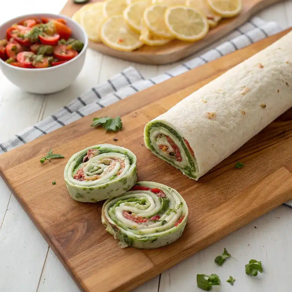 A chilled tortilla log being sliced into perfect, neat round pinwheel appetizers on a cutting board.