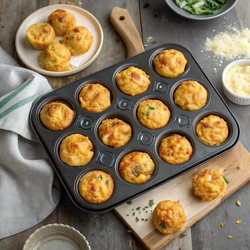 A top-down shot of a 12-cup muffin tin filled with 12 golden-brown, baked high protein mcgriddle muffins.
