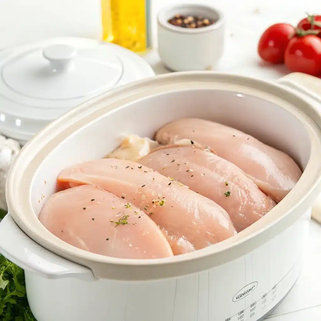 Raw boneless chicken breasts placed in white slow cooker.