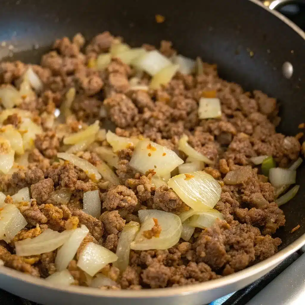 Ground beef with onions cooking in a skillet for unstuffed cabbage rolls.