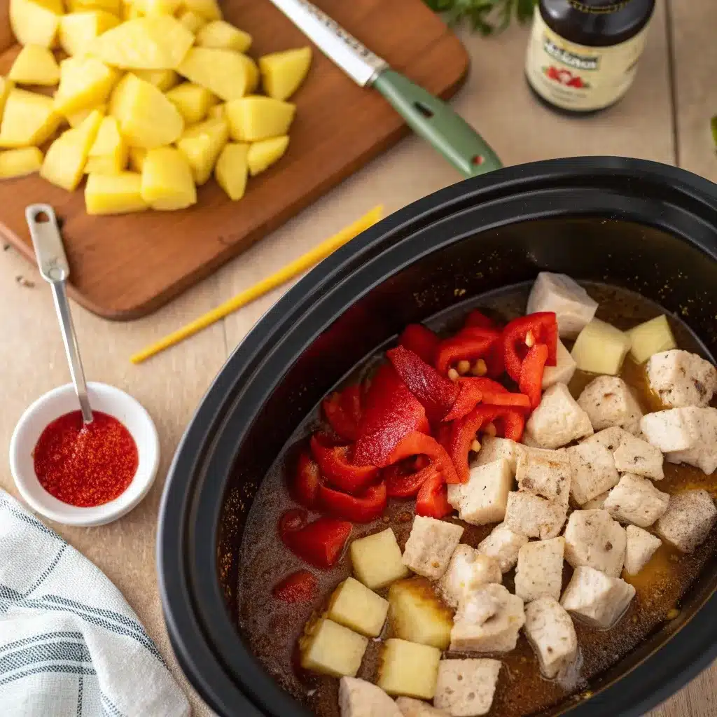 Chicken and pineapple added to crockpot for Hawaiian chicken