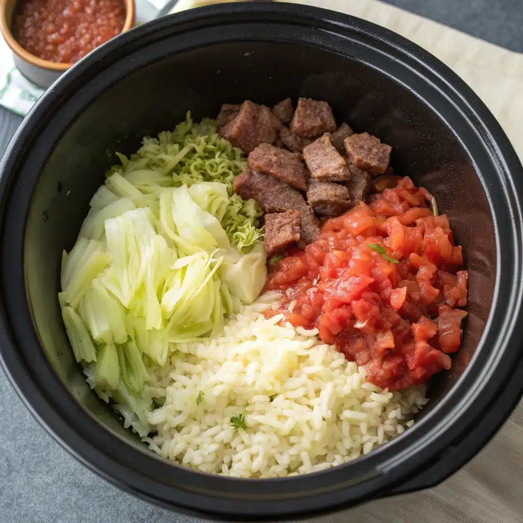 Ingredients layered into a slow cooker for lazy cabbage rolls.