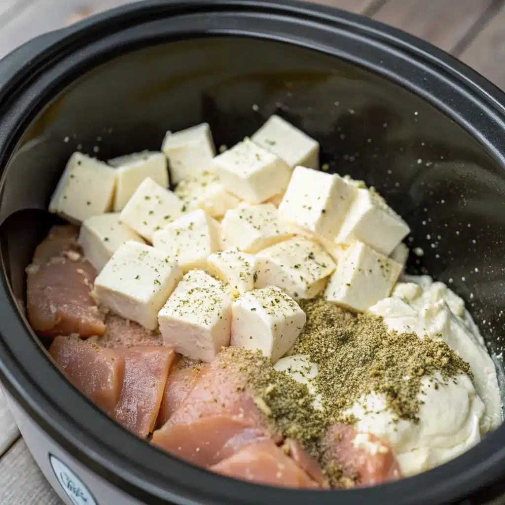 Cubes of cream cheese, ranch seasoning, and soup layered on chicken in crockpot.