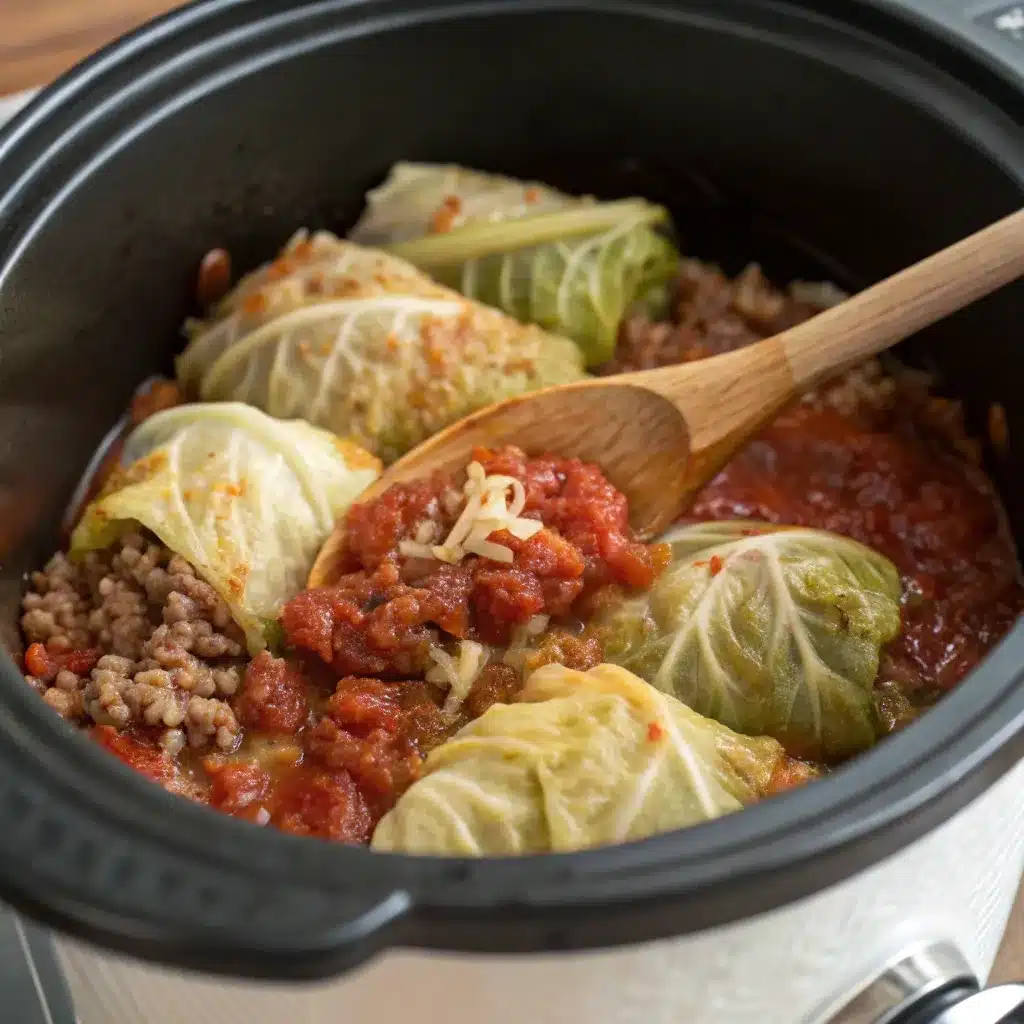 Fully cooked slow cooker unstuffed cabbage roll casserole with tomato and cabbage.