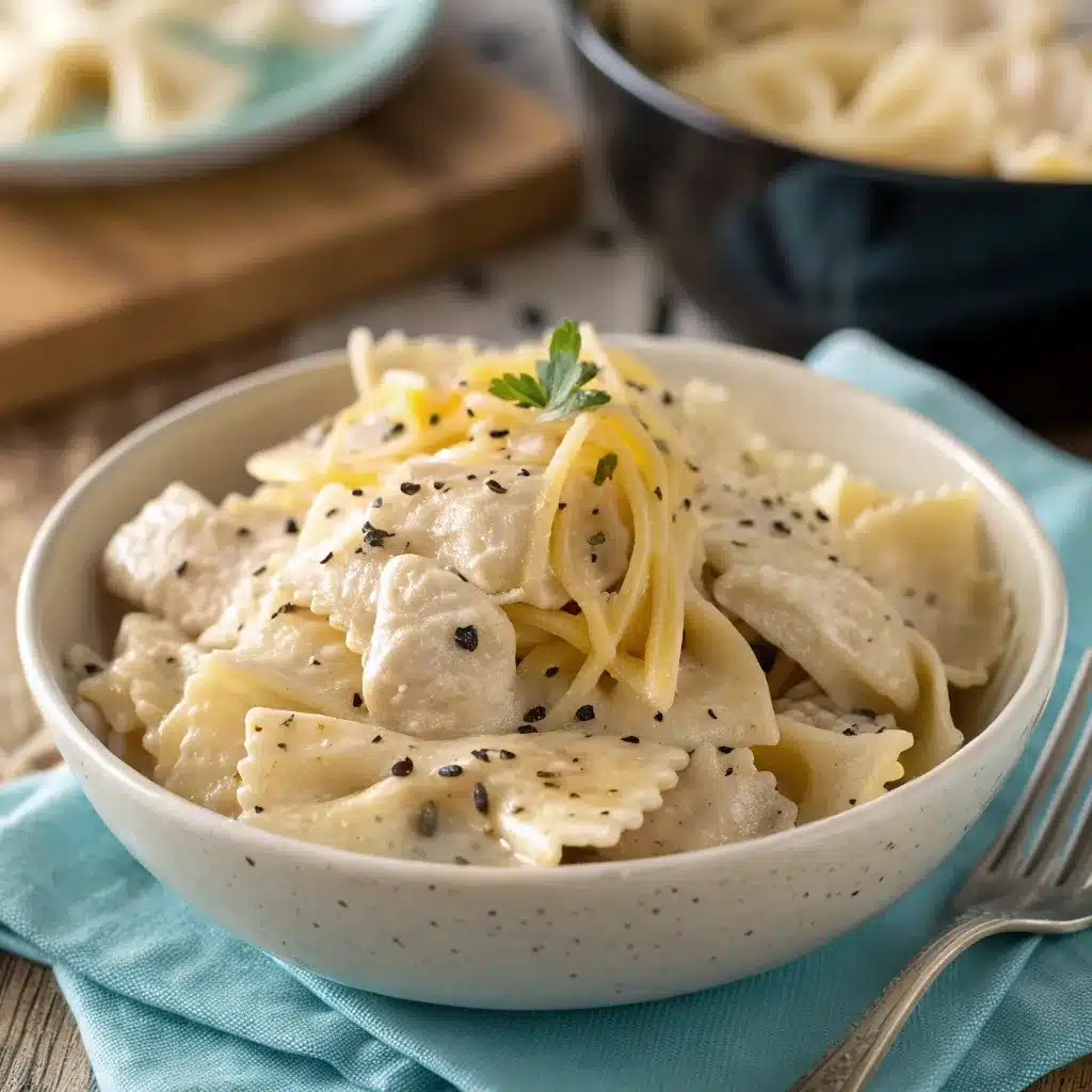 Creamy ranch chicken served over pasta in a white bowl.