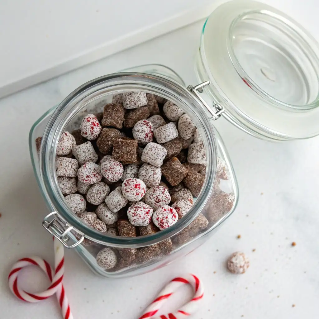 A clear, airtight glass container filled with Peppermint Puppy Chow, showing how to store it.