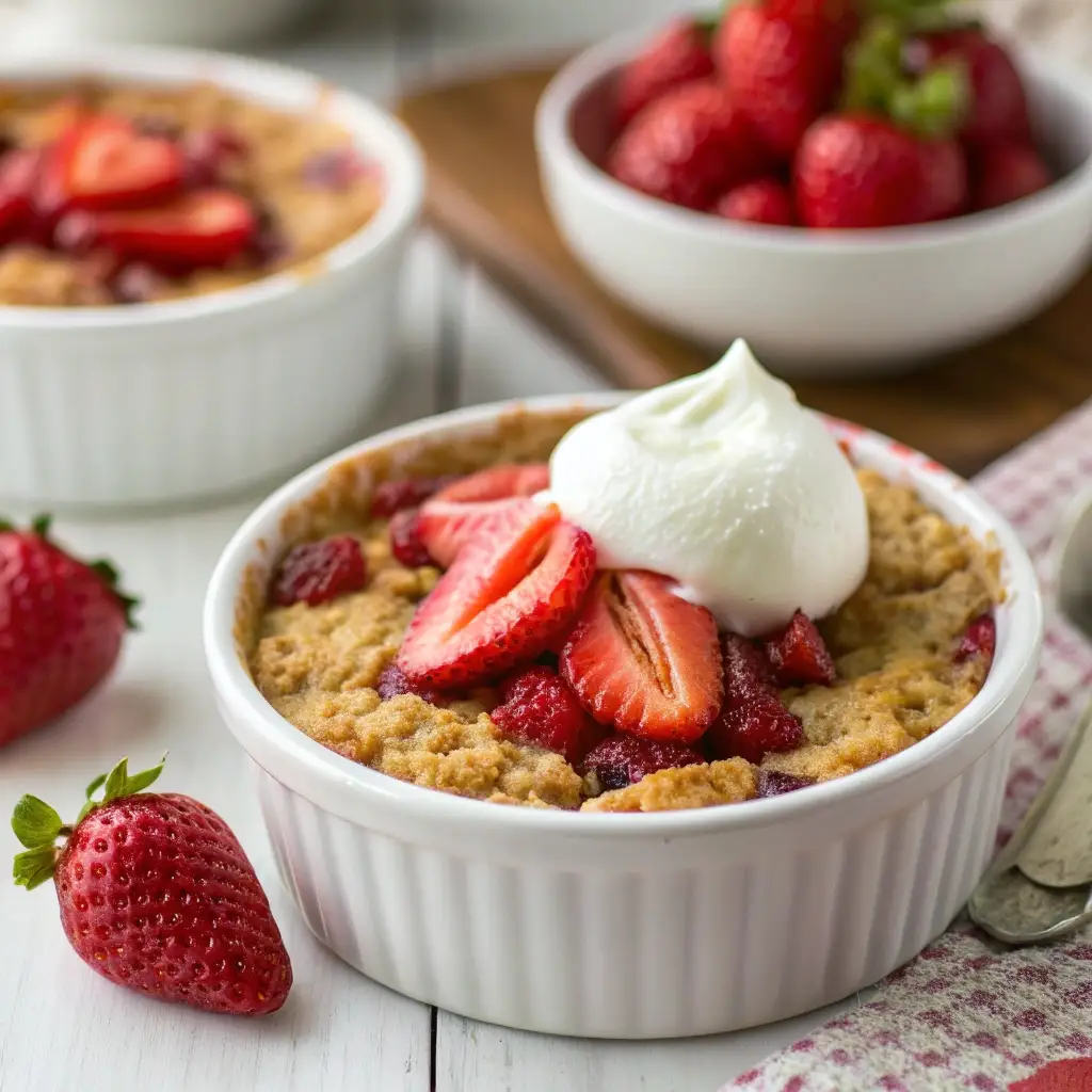 Strawberry shortcake baked oats topped with fresh strawberries and yogurt.