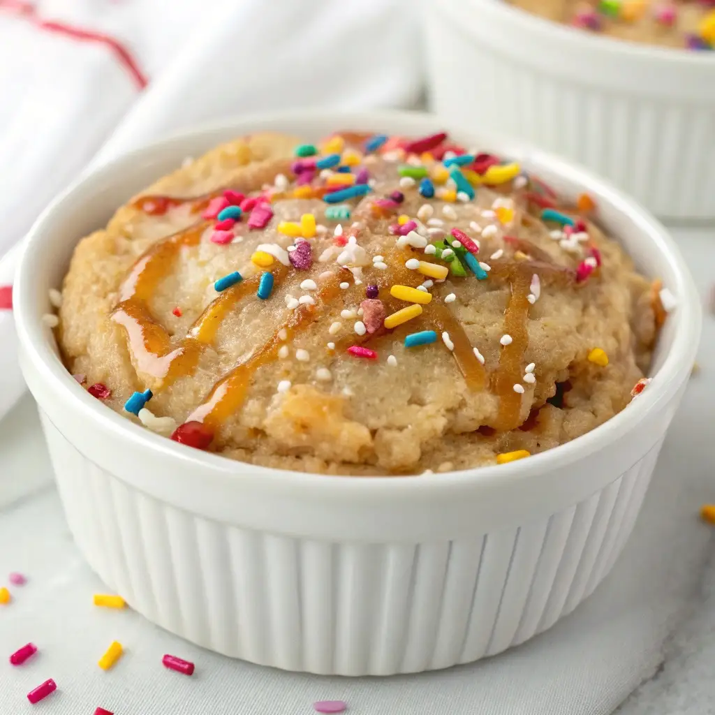 A ramekin of sugar cookie protein baked oats topped with sprinkles and glaze.