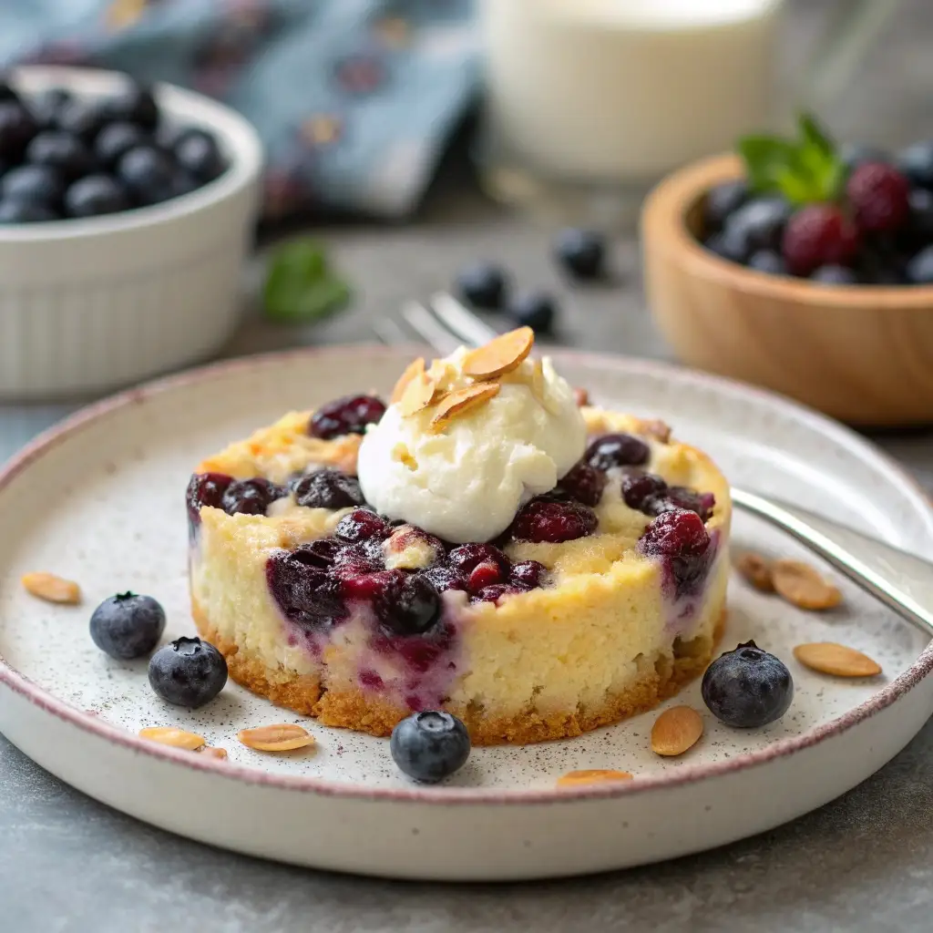 A slice of sweet cottage cheese bake filled with blueberries and topped with almonds.