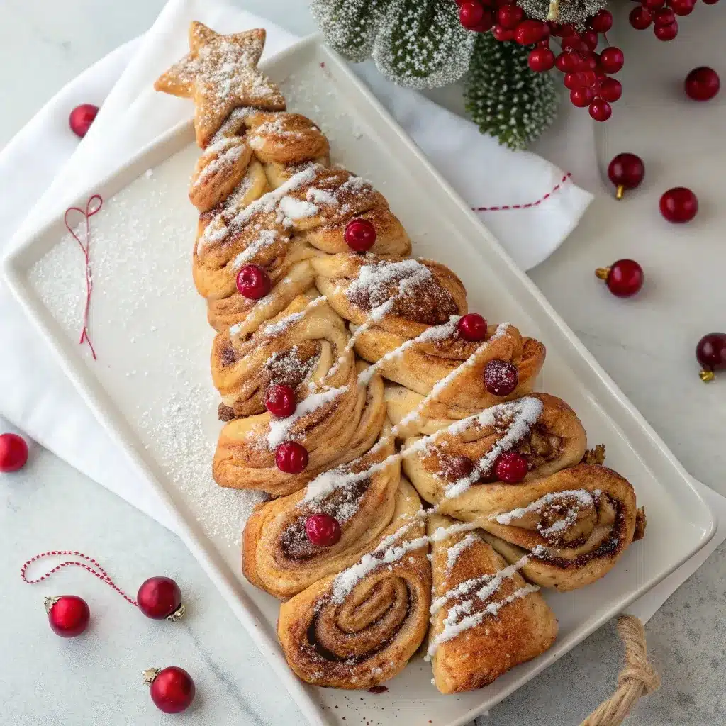 Sweet Christmas tree pull apart bread coated in cinnamon sugar, vanilla glaze, powdered sugar, and red berry “ornaments.”