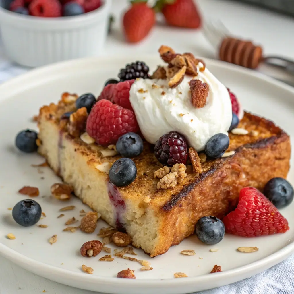 A slice of protein french toast casserole topped with Greek yogurt, berries, and nuts.