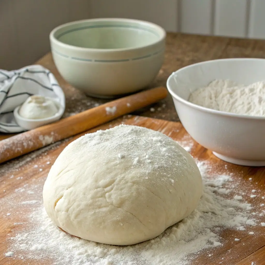 A ball of 2-ingredient Greek yogurt pizza dough on a floured surface.
