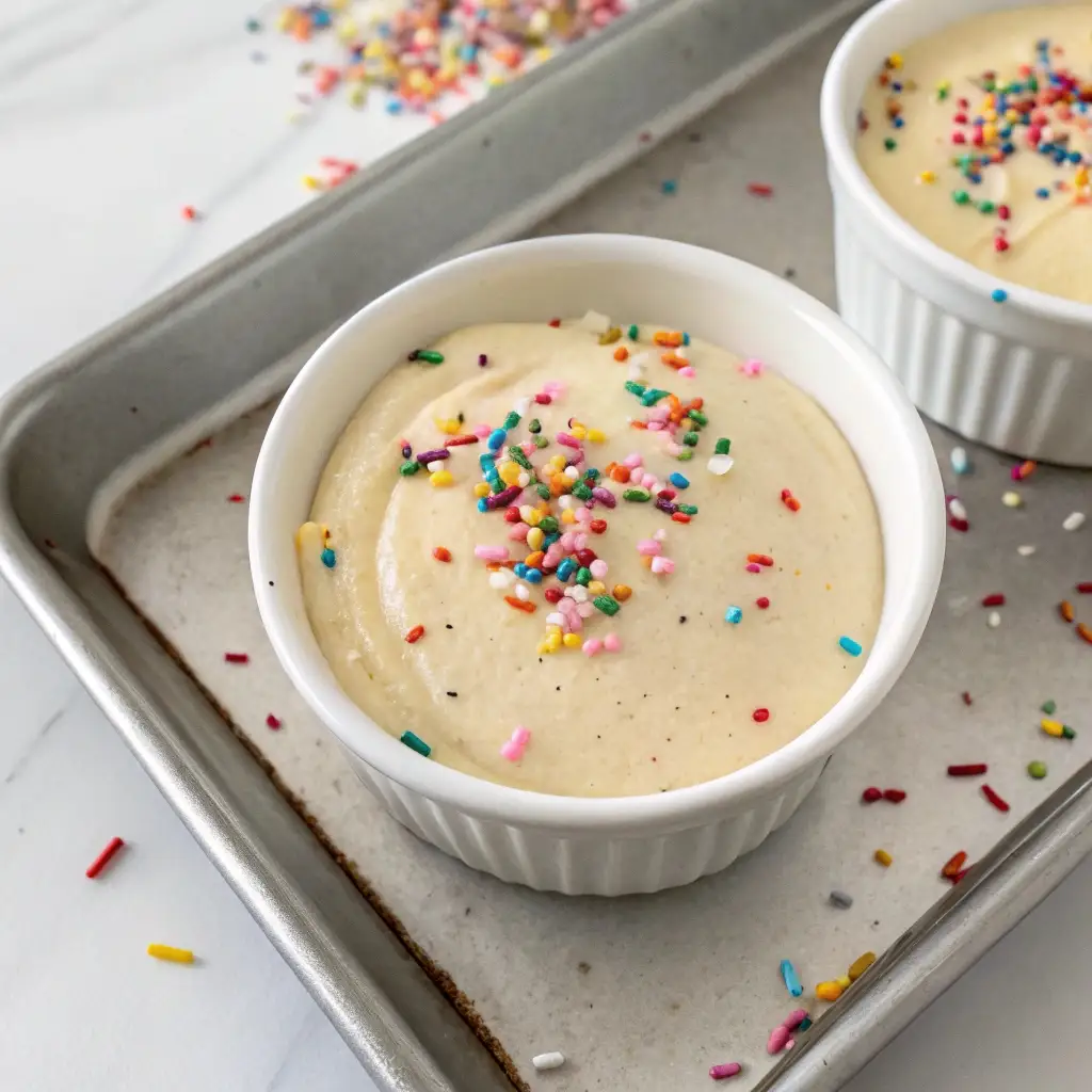 Raw sugar cookie oat batter in a ramekin topped with extra sprinkles.