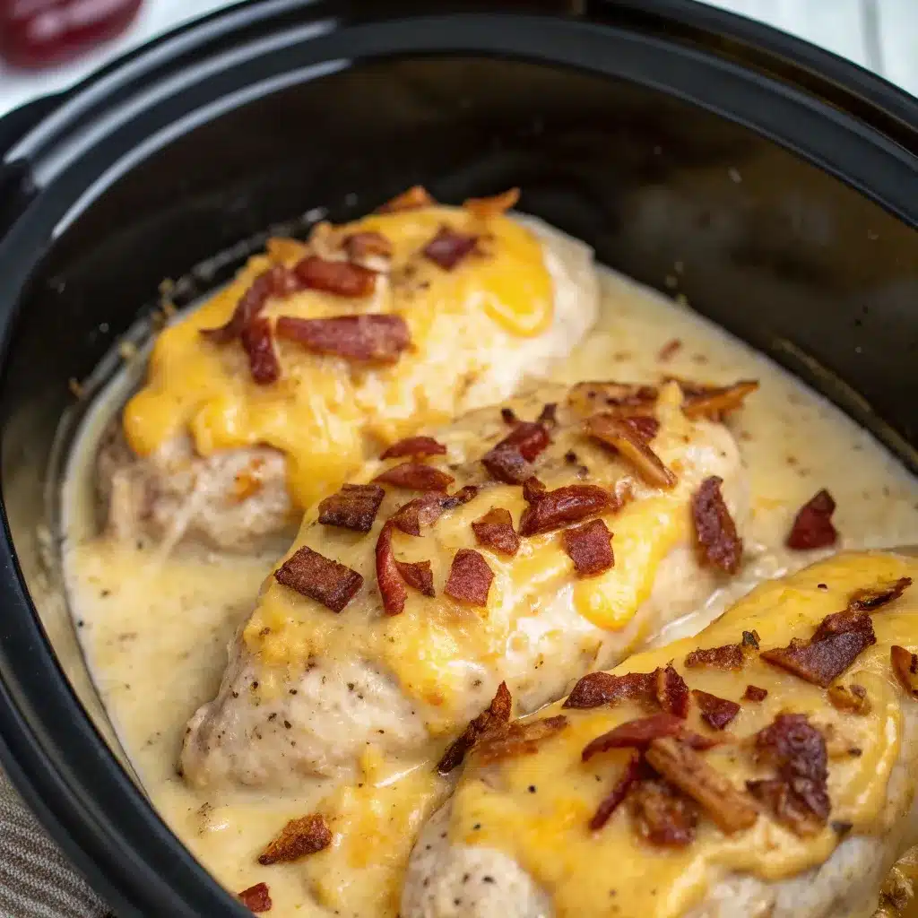 Slow cooker creamy ranch chicken topped with cheese and bacon.