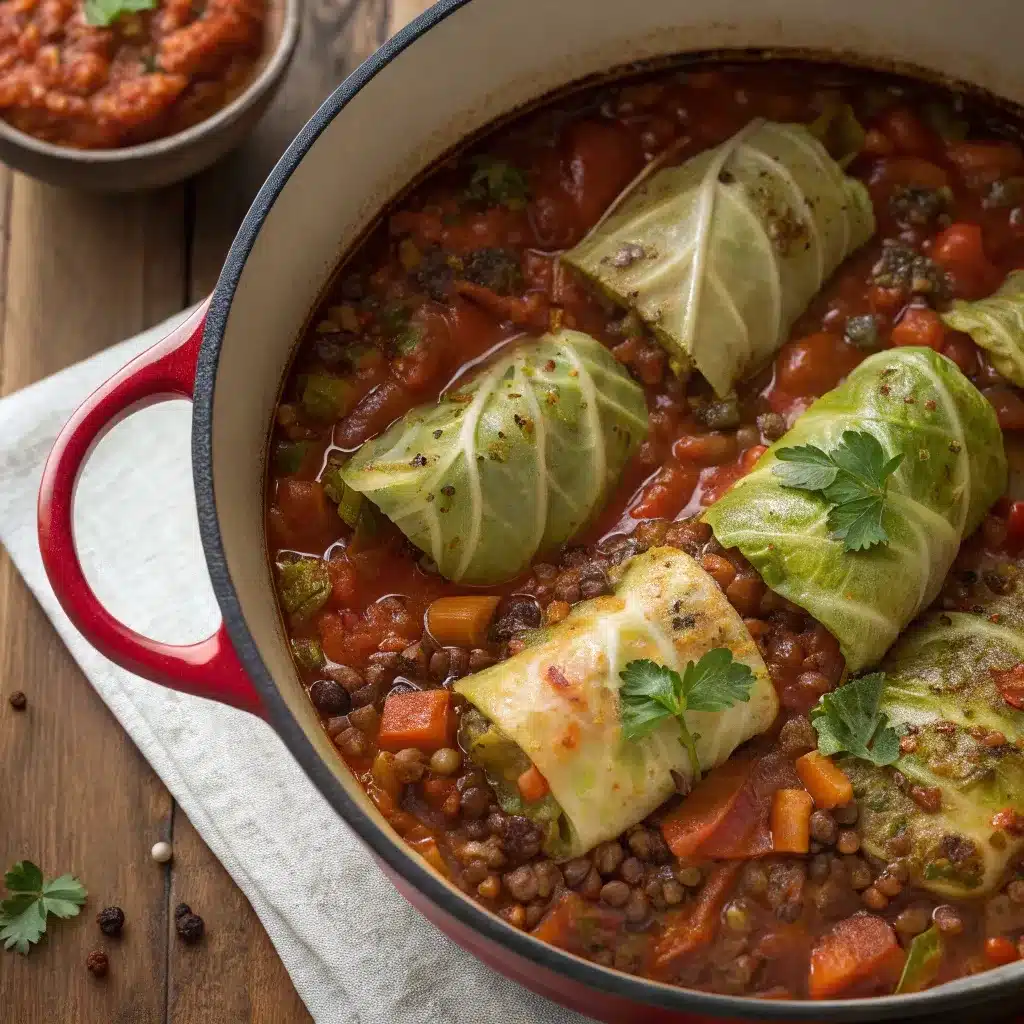 Vegetarian version of unstuffed cabbage rolls with lentils and vegetables.