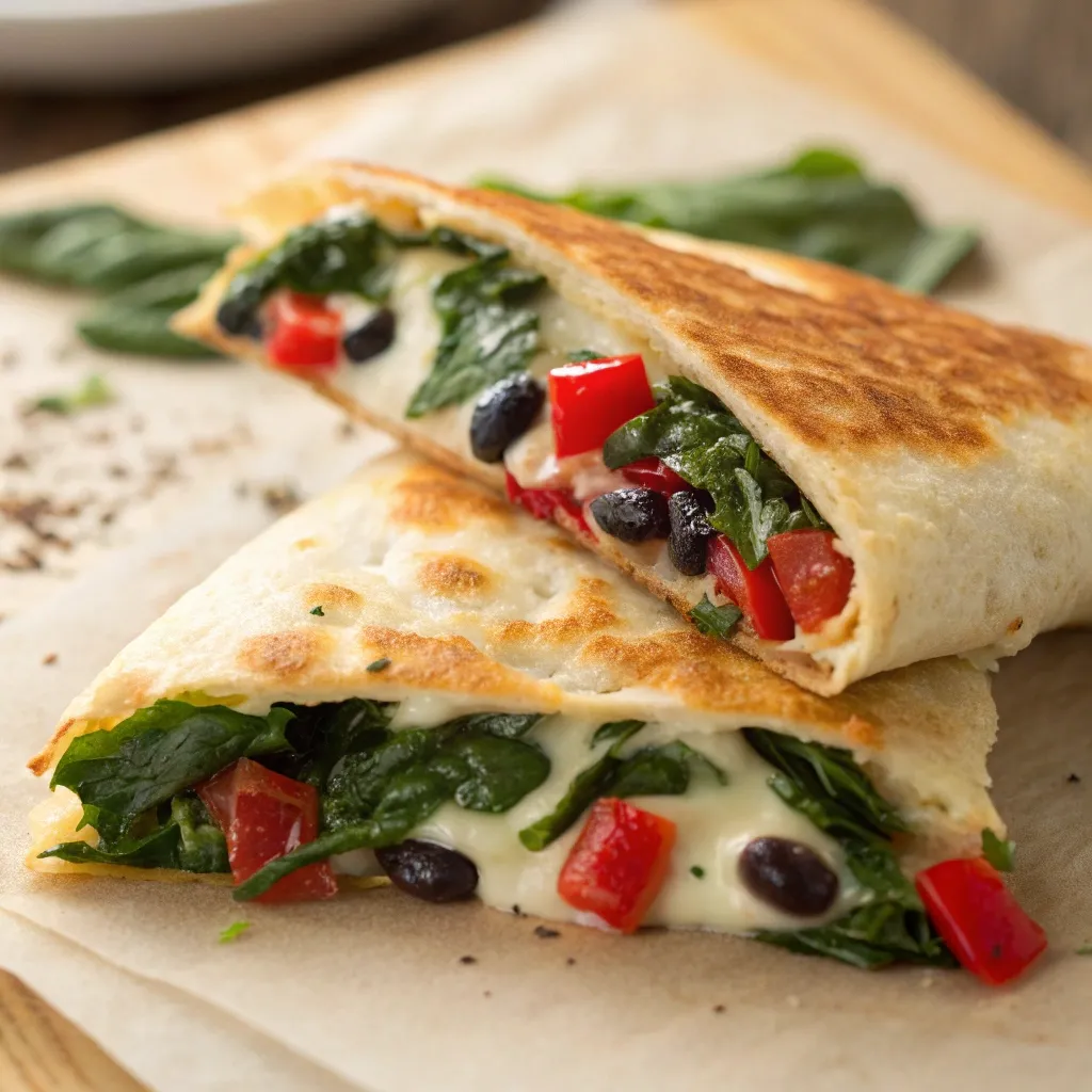 A sliced vegetarian breakfast crunchwrap filled with spinach, peppers, and black beans.