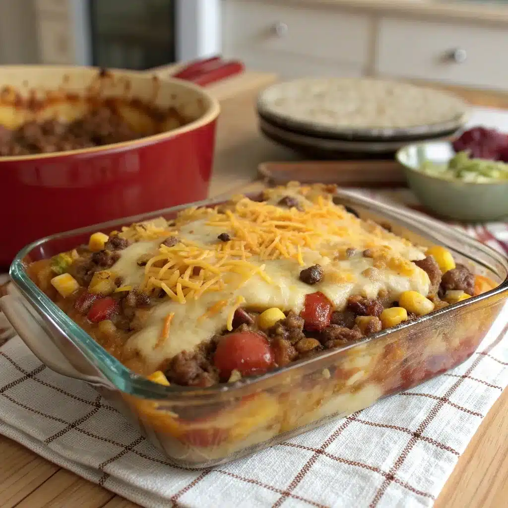 Slow cooker cowboy casserole with layers of beef, potatoes, beans, and cheese