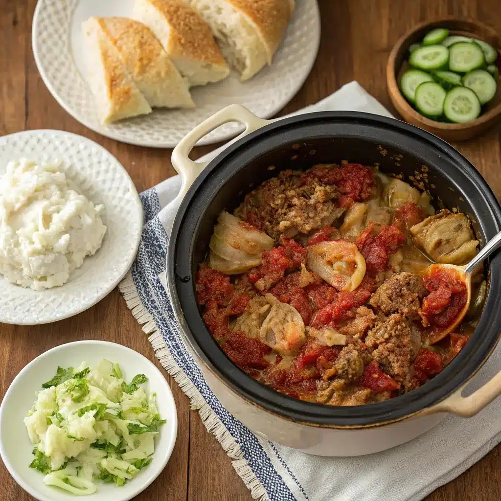 Serving idea for slow cooker cabbage rolls with bread and salad.