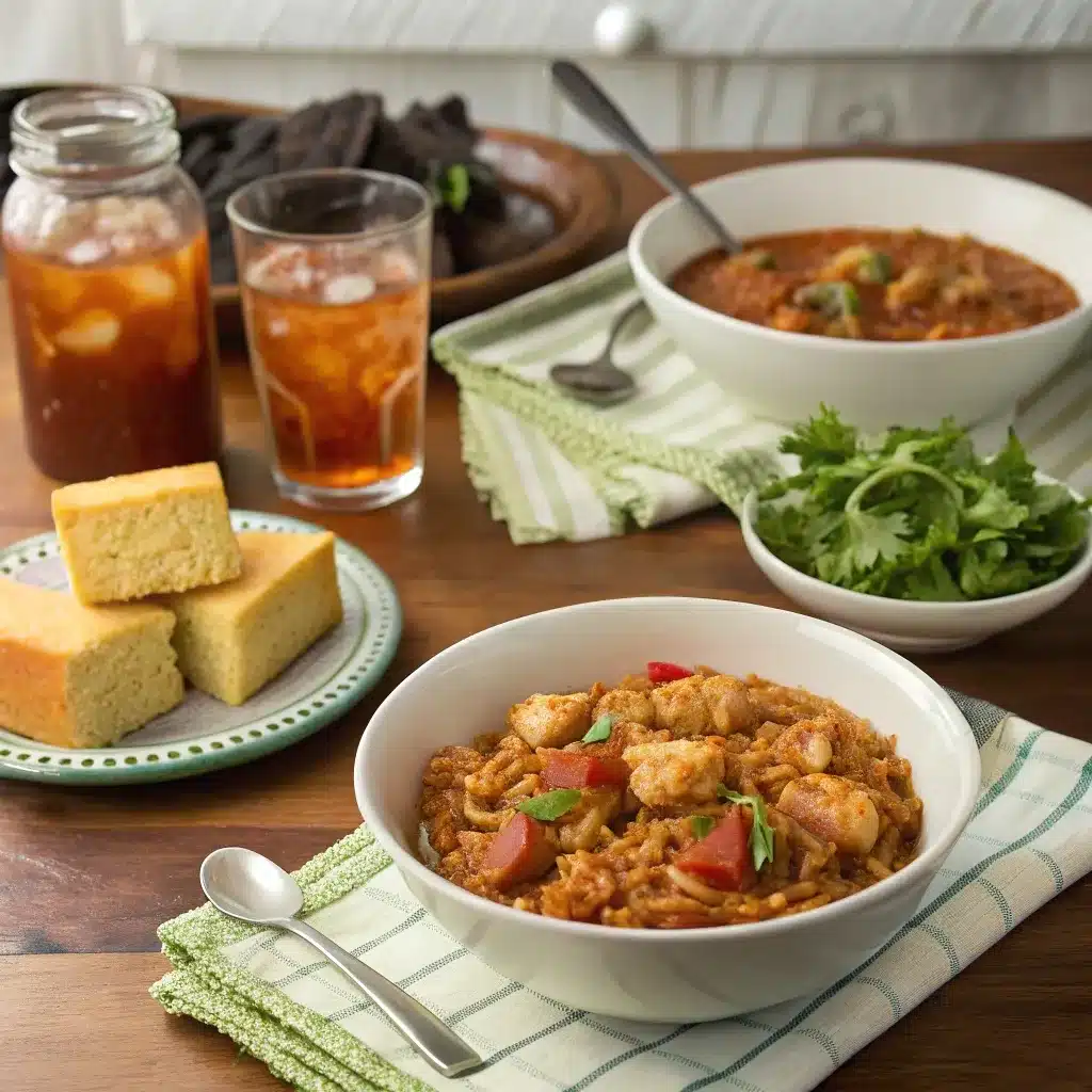 Cornbread, salad, and iced tea with chicken jambalaya