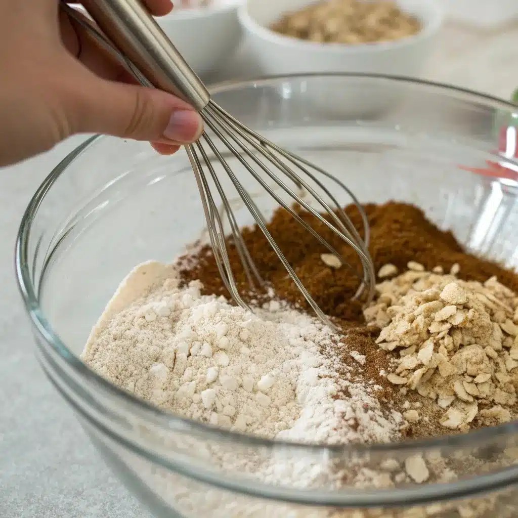 A close-up of a whisk mixing dry ingredients (oats, protein powder, spices) for high protein carrot cake baked oatmeal in a glass bowl.